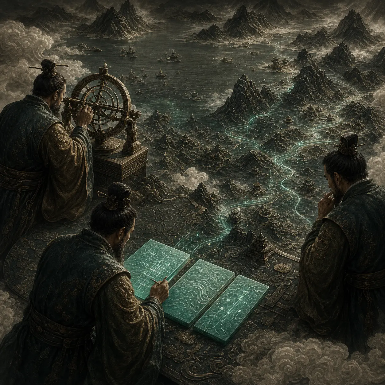 Mythic surveyors mapping market evidence across a mountain-and-sea territory