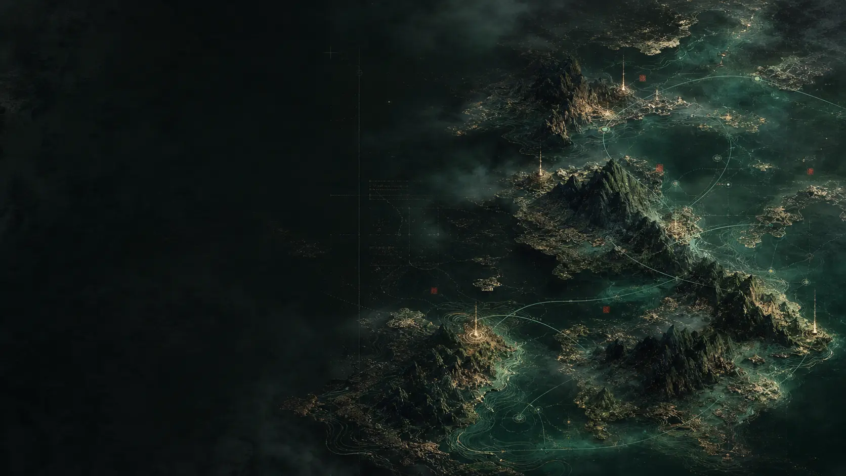 Market opportunity nodes connected across an ink-wash mountain-and-sea territory