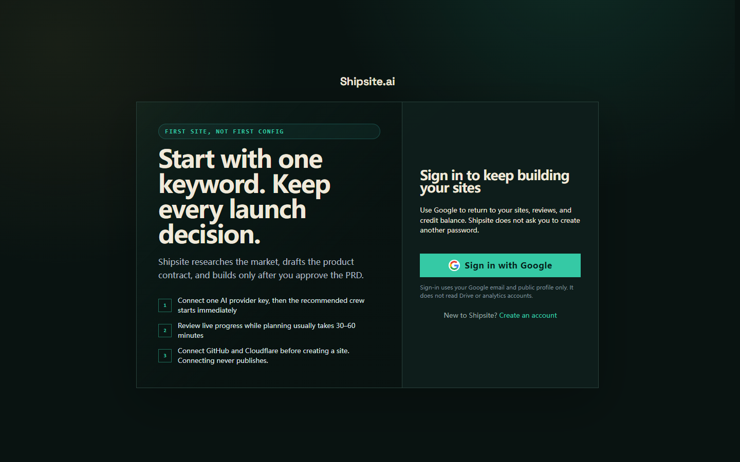 Shipsite sign-in card with Google authentication and a create-account link.