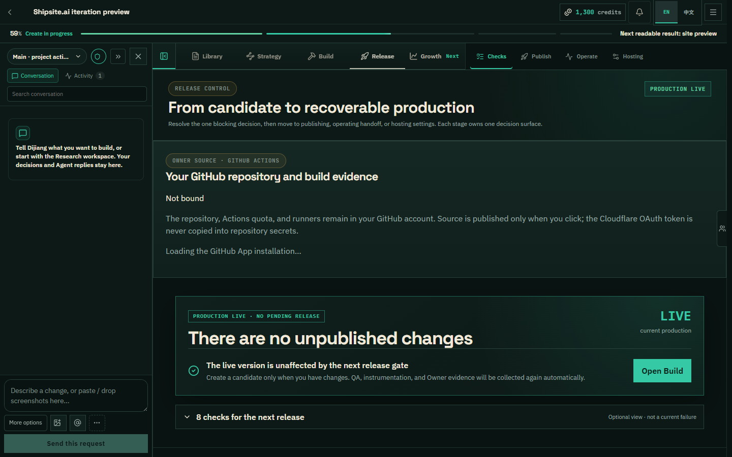 Studio Release view with production live, no unpublished changes, and checks for the next release.